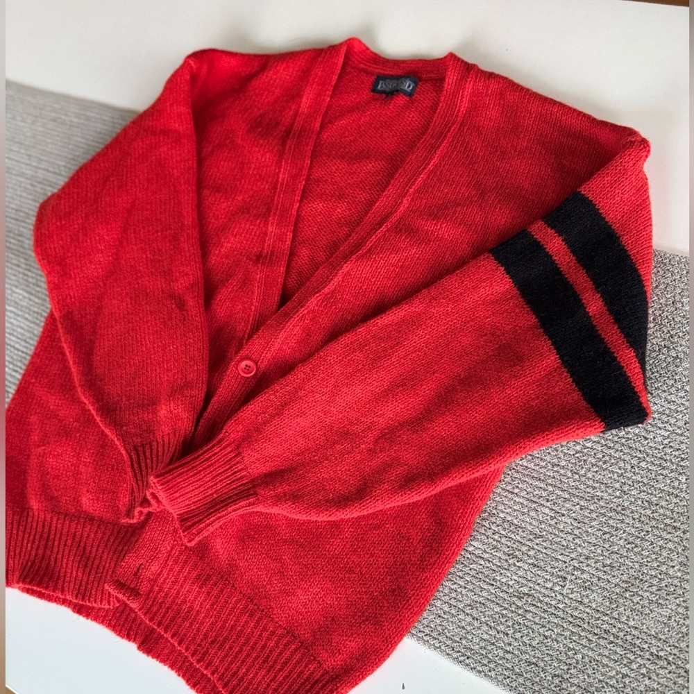 Vintage Lands’ End Red Orange Black Striped V Neck Wool Cardigan Sweater Sz M - Picture 2 of 8